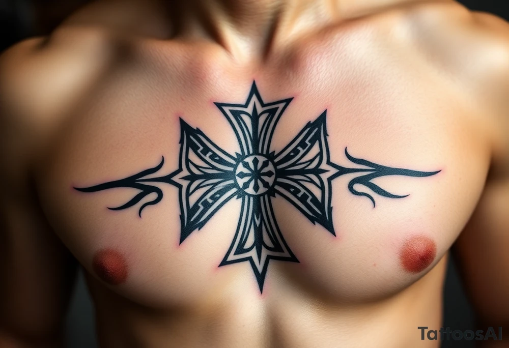 A tribal-styled Maltese cross in bold black ink, with sharp edges and symmetrical patterns tattoo idea