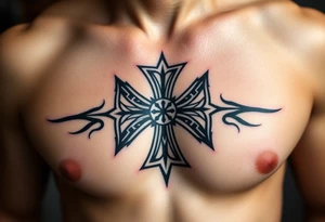 A tribal-styled Maltese cross in bold black ink, with sharp edges and symmetrical patterns tattoo idea