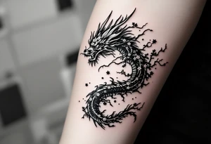 detailed dragon japanese style sakura trees abstract lines dark/rough aesthetic tattoo idea