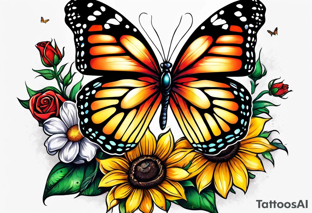 animal butterfly , flower rose, sunflower, tattoo idea