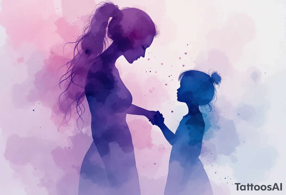 A watercolor-style silhouette of a mother holding her daughter’s hand, in soft pastel purples and blues. tattoo idea