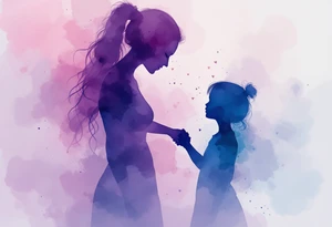 A watercolor-style silhouette of a mother holding her daughter’s hand, in soft pastel purples and blues. tattoo idea