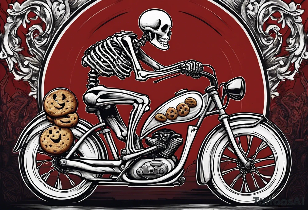 Lifelike skeleton wearing bicycle uniform while riding a road bike. The skeleton is grinning and holding a cookie in its left hand tattoo idea