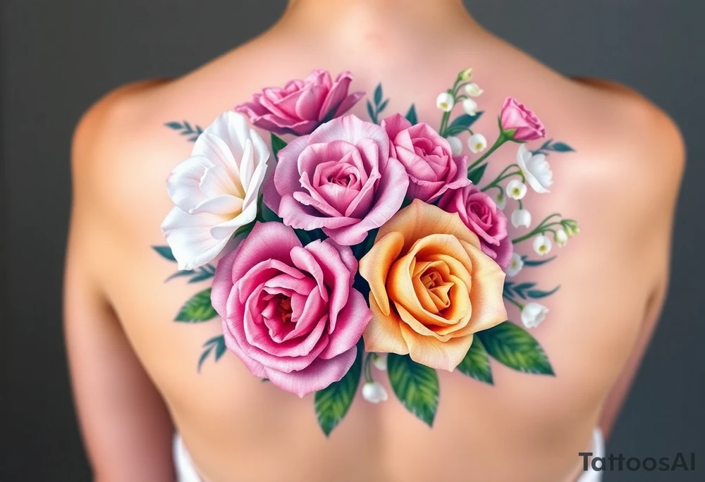 3d Bouquet of Carnation, Astor, Rose, Lily of the valley, Larkspur with realistic, pastel colors with no black tattoo idea