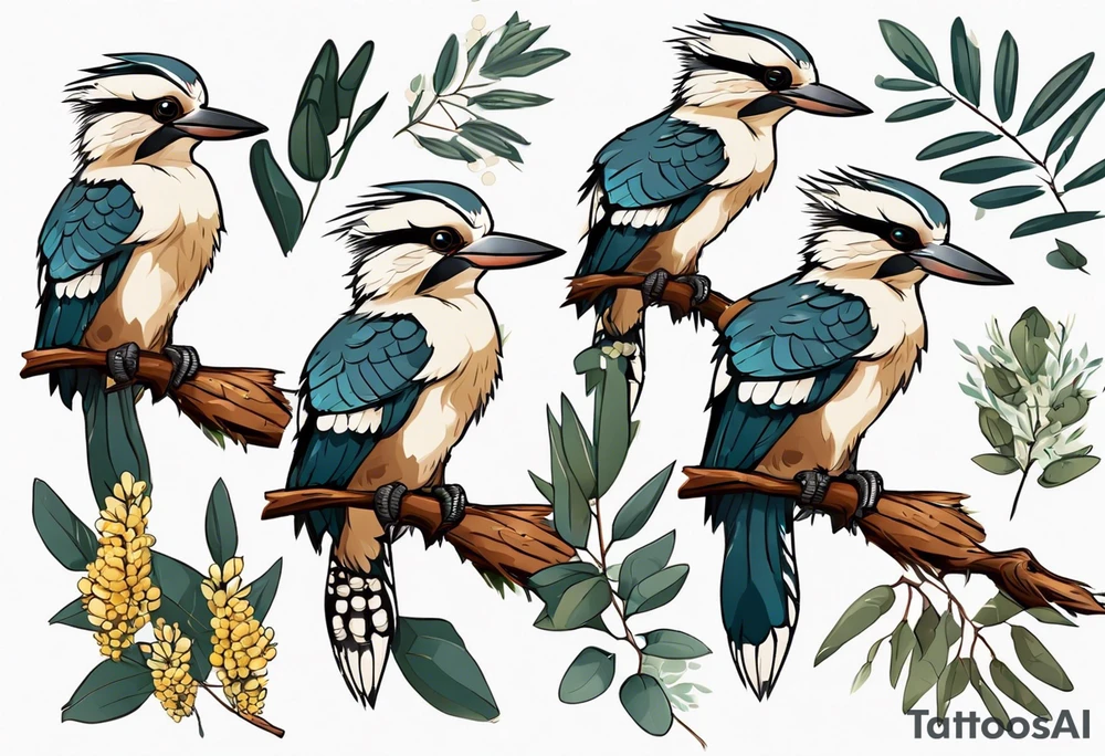 Cartoon kookaburra sitting on wattle and eucalyptus leaves tattoo idea