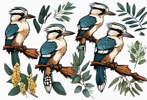 Cartoon kookaburra sitting on wattle and eucalyptus leaves tattoo idea