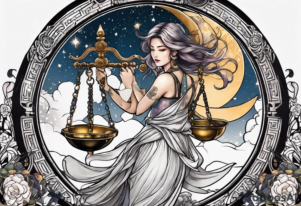 Libra woman holding scales with a night zodiac background including a half moon that encircles half of the woman tattoo idea