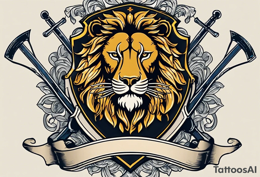 Swanson coat of arms on a shield with crossed skis behind the shield. there is a lion with a crown behind them both tattoo idea