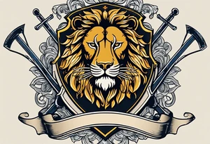 Swanson coat of arms on a shield with crossed skis behind the shield. there is a lion with a crown behind them both tattoo idea