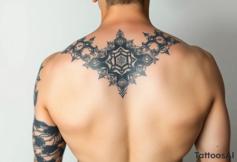 design a full sleeve tattoo that consists of a base layer of abstract hexagon pattern overlaid with a little blackwork abstract while incorporating the top tattoo and integrating slight biomech designs tattoo idea