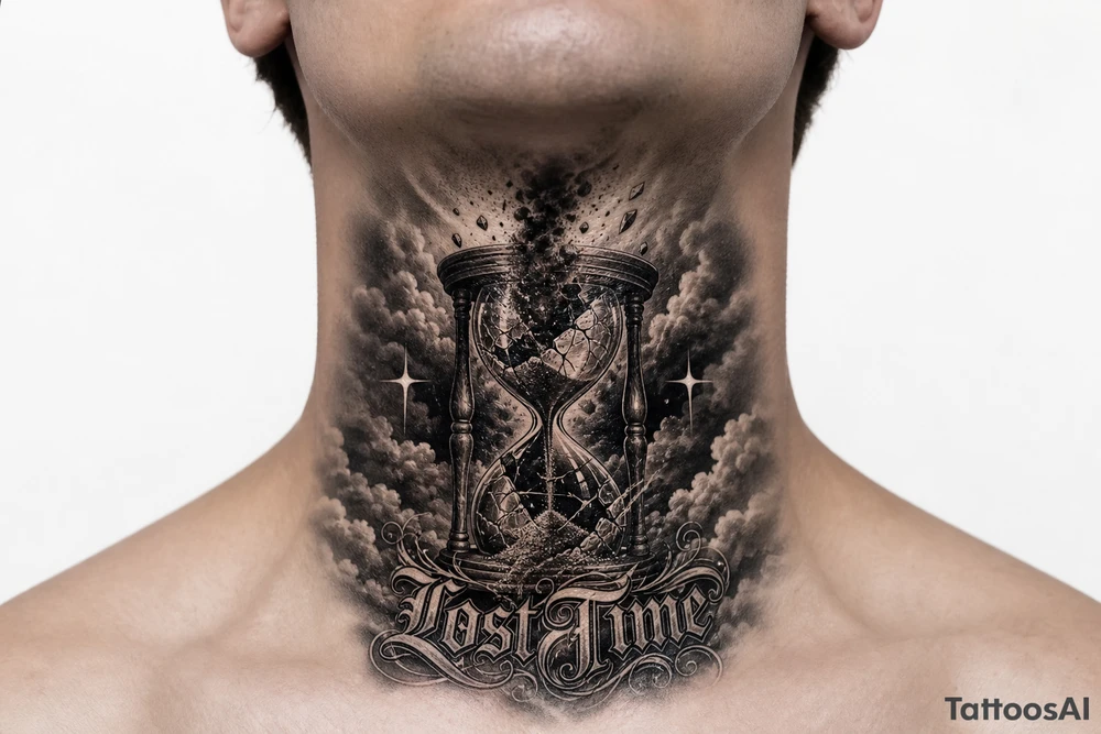 Black and grey realism tattoo design of a cracked, shattered hourglass centered in dark heavy clouds. Sand and dark smoke floating upward out of the glass. Custom gothic script lettering that says "Lost Time" wrapped around the base. Chicano style shading, deep blackwork background, sharp 4-point sparkle stars, high contrast, clean white background, tattoo stencil style. Put on the throat not the back of neck tattoo idea