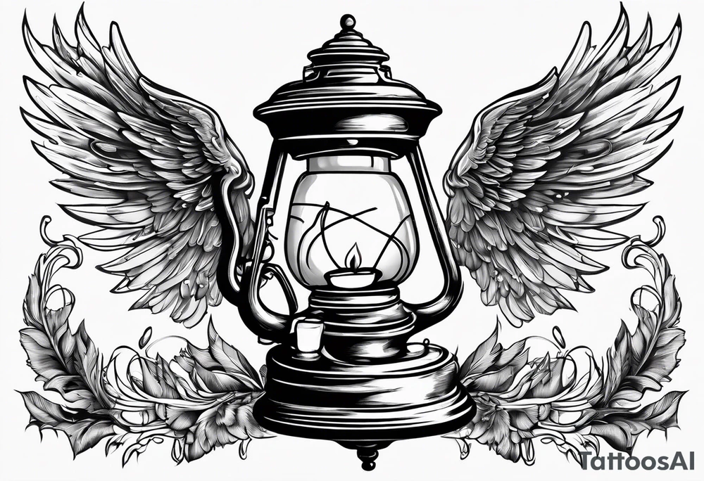 Extinguished oil lamp with smoke and angel wings tattoo idea