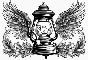 Extinguished oil lamp with smoke and angel wings tattoo idea