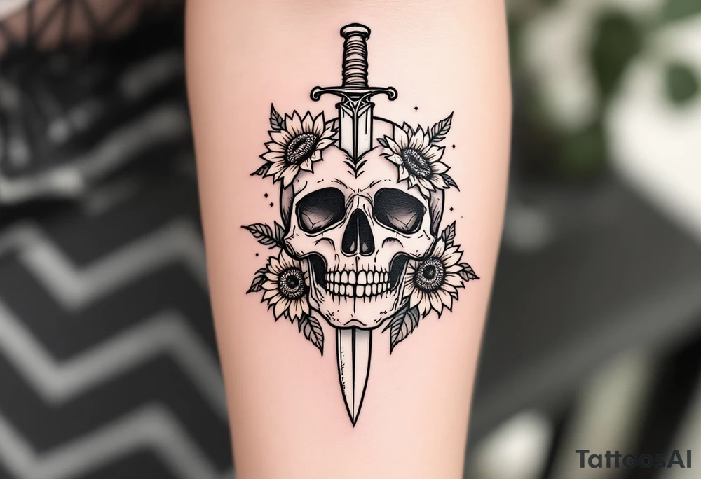 Skull, dagger piercing a heart with roses and sunflowers tattoo idea Skull, dagger piercing a heart with roses and sunflowers tattoo idea
