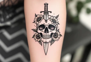 Skull, dagger piercing a heart with roses and sunflowers tattoo idea