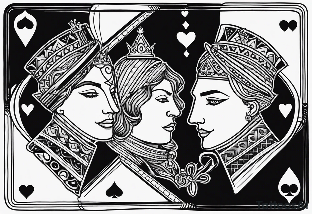 one playing card with both queen of hearts and king of spades in extreme minimalistic style tattoo idea