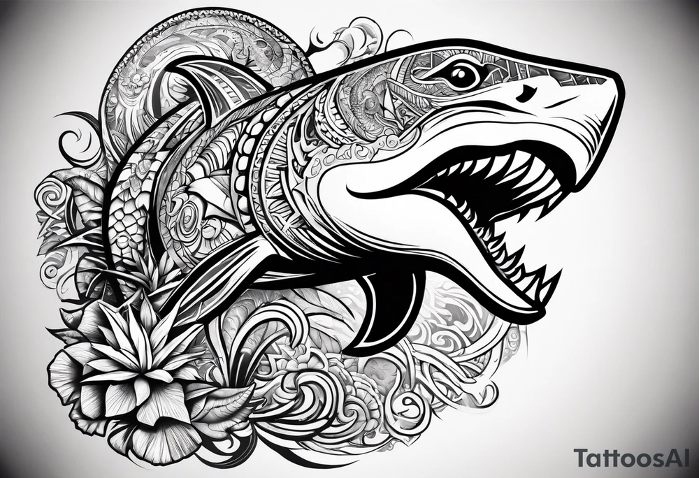 Left chest, shoulder, arm in polinesian style, including images of shark, turtle, lizard, sun and Tiki mask tattoo idea