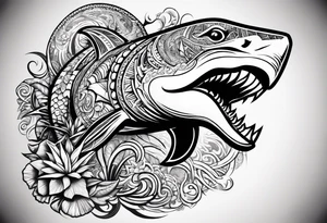 Left chest, shoulder, arm in polinesian style, including images of shark, turtle, lizard, sun and Tiki mask tattoo idea