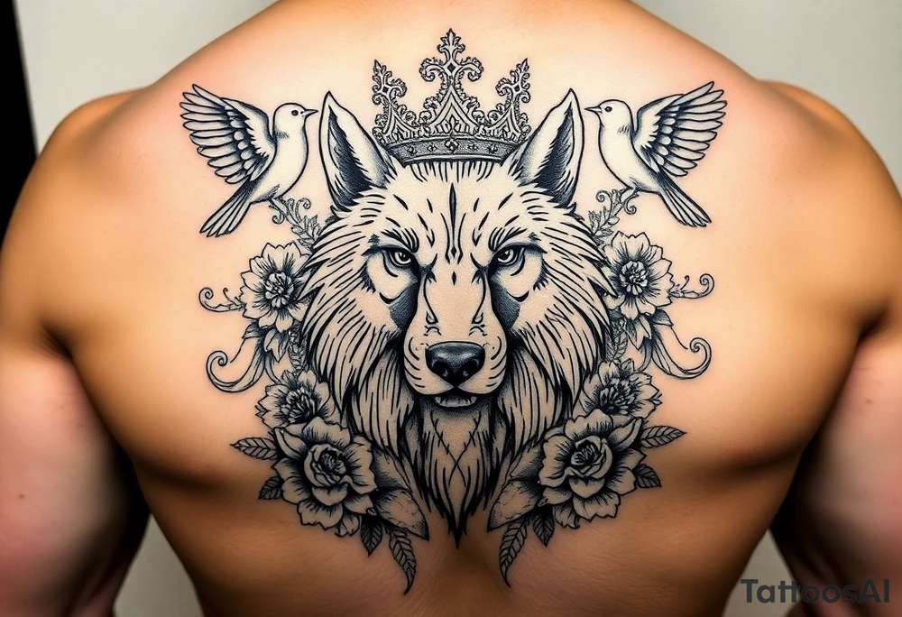 powerful majestic wolf with a crown, surrounded by floral ornaments and birds tattoo idea