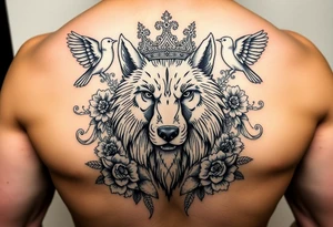 powerful majestic wolf  with a crown, surrounded by floral ornaments and birds tattoo idea