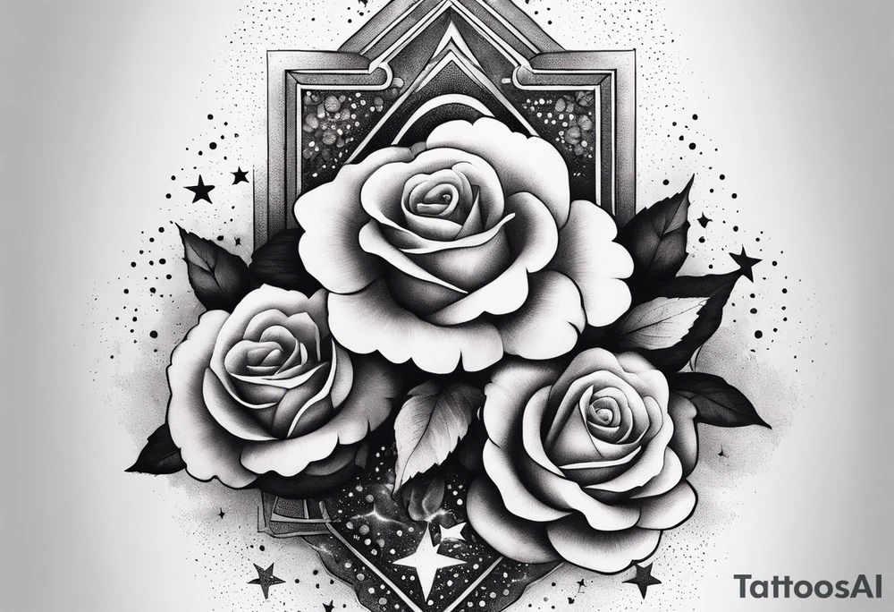 Vertical Clouds with tesseract inside and small roses and stars around it tattoo idea