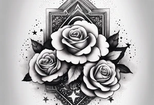 Vertical Clouds with tesseract inside and small roses and stars around it tattoo idea