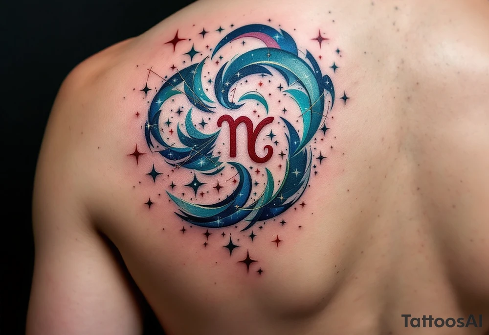 The Cancer zodiac sign in bold red sits at the heart of a swirling indigo and emerald star constellation. tattoo idea