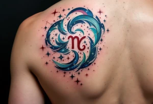 The Cancer zodiac sign in bold red sits at the heart of a swirling indigo and emerald star constellation. tattoo idea