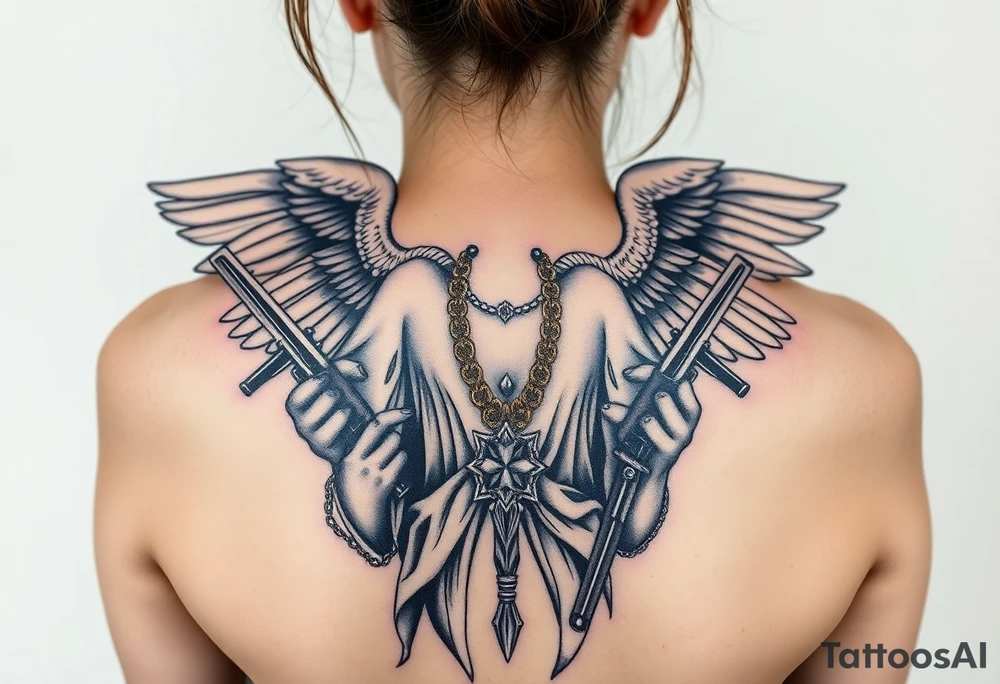 old angel statue in criminal style, tattooed and at the same time contemporary, weapons in hand, gangster-style gold necklaces tattoo idea