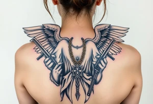 old angel statue in criminal style, tattooed and at the same time contemporary, weapons in hand, gangster-style gold necklaces tattoo idea