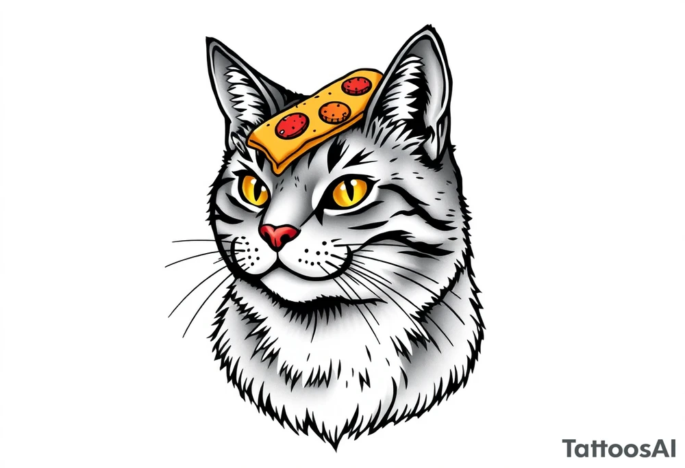 fat grey tabby cat portrait with chessy pizza slice on its head tattoo idea