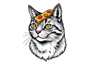 fat grey tabby cat portrait with chessy pizza slice on its head tattoo idea