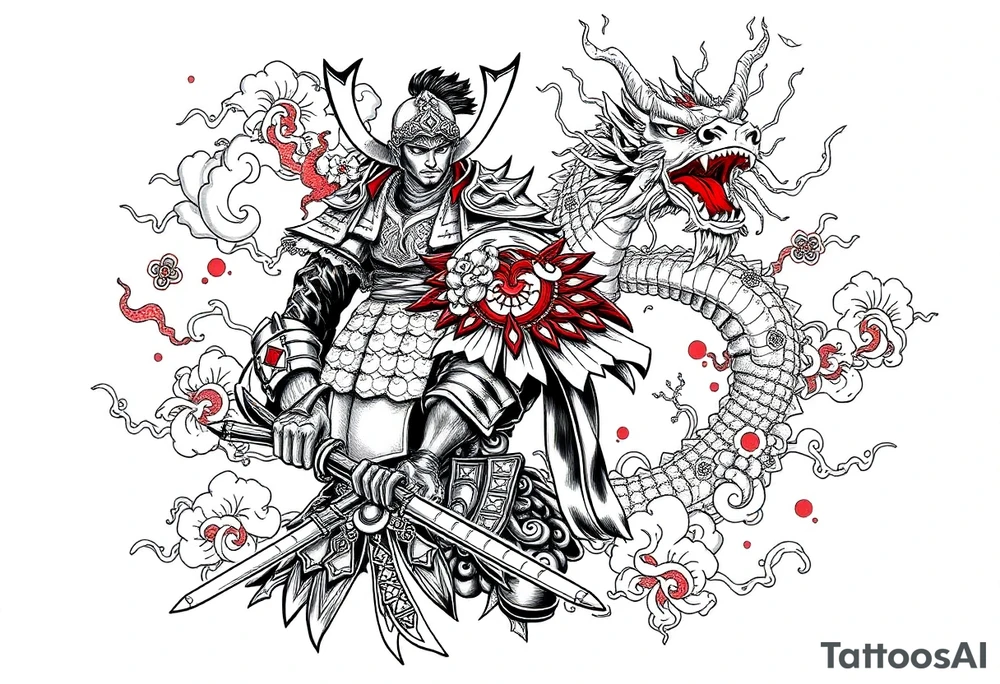 Samurai warrior with traditional armor entangled with a Japanese dragon, mythological elements, flowing composition, black ink tattoo style with red accents, swirling clouds, ornamental Japanese patterns, sketch-style linework, vertical tattoo layout for forearm or sleeve build-out tattoo idea