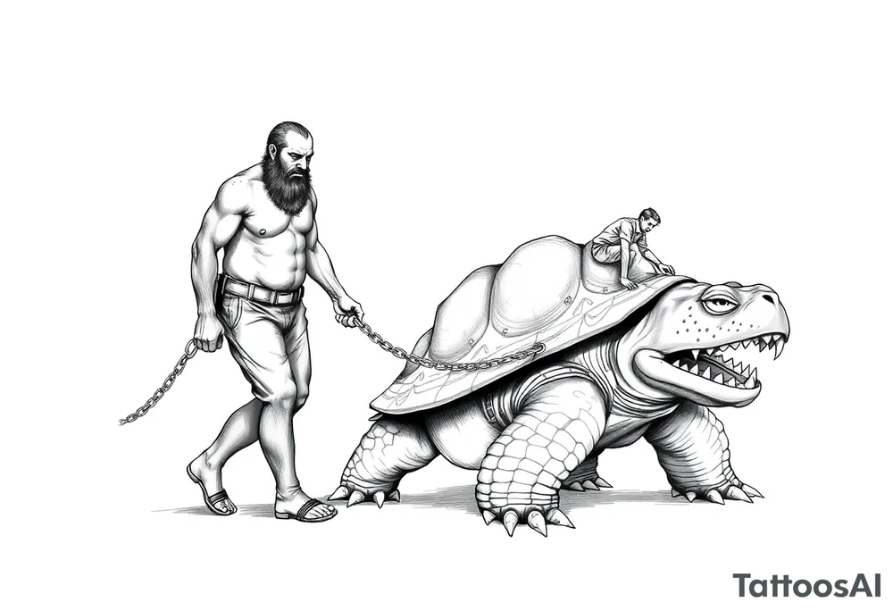 A giant man walking 2 slaves on a chain leash an angry turtle with huge teeth with a little man riding on his back tattoo idea