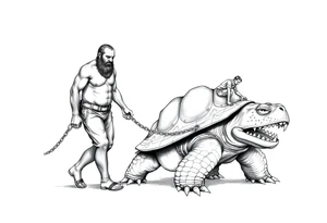A giant man walking 2 slaves on a chain leash an angry turtle with huge teeth with a little man riding on his back tattoo idea