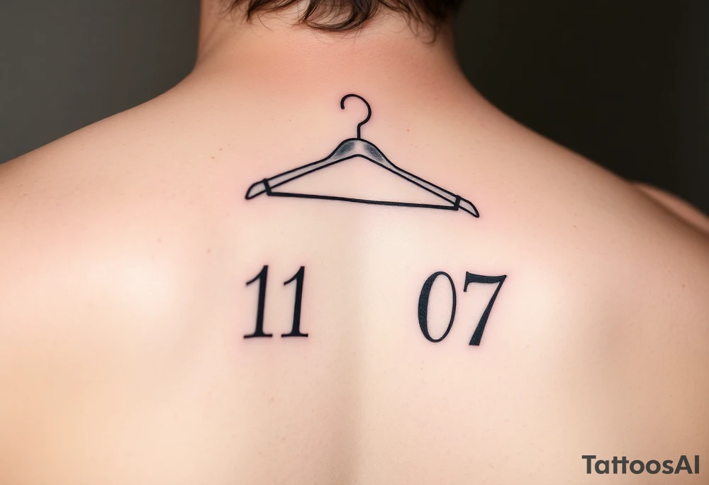 I want a tattoo about 7 cm in size that includes a drawing of a clothes hanger and the numbers 11 07, all in a realistic, beautiful style with stylish lettering tattoo idea