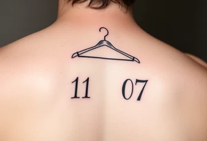 I want a tattoo about 7 cm in size that includes a drawing of a clothes hanger and the numbers 11 07, all in a realistic, beautiful style with stylish lettering tattoo idea