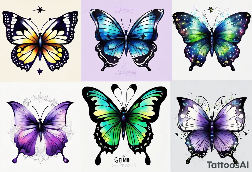 One black and white butterflie, two colorfull butterflies. Aquarelle style. Gemini stars.
 Colours blue, violet, green, yellow. tattoo idea