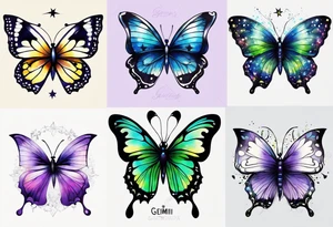 One black and white butterflie, two colorfull butterflies. Aquarelle style. Gemini stars.
 Colours blue, violet, green, yellow. tattoo idea