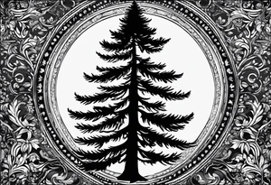 A single douglas fir tree with solid black background, make sure the tree is white tattoo idea