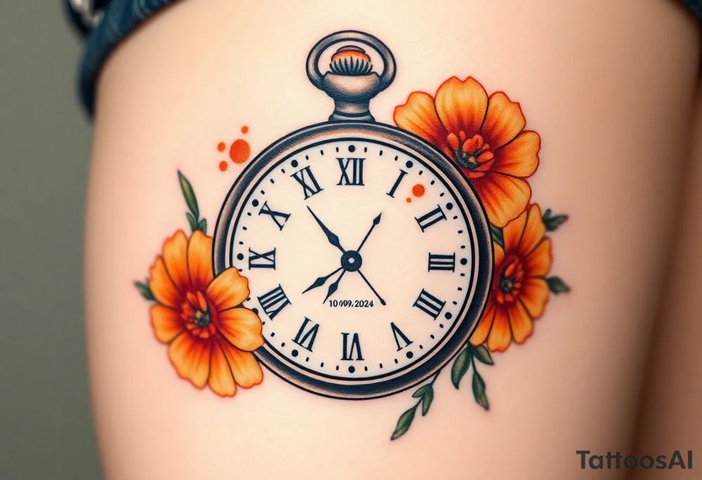 Beautiful pocket watch reading 2:37 with  10/09/2024 in Roman numerals and name Jackson Calloway in the face of watch surrounded by orange marigolds tattoo idea