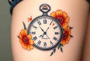 Beautiful pocket watch reading 2:37 with  10/09/2024 in Roman numerals and name Jackson Calloway in the face of watch surrounded by orange marigolds tattoo idea