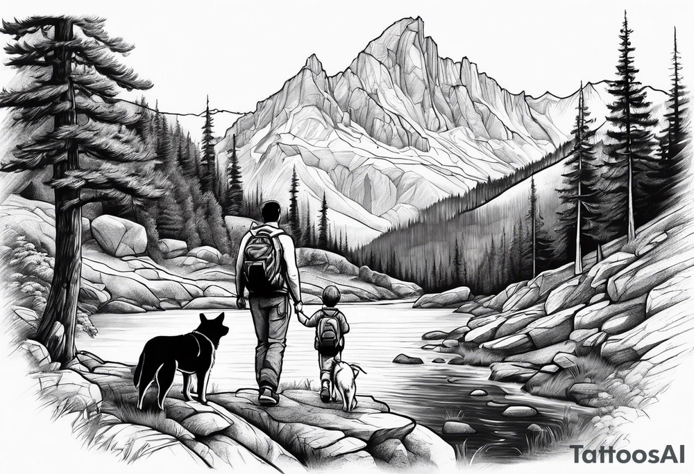 father son hiking with their dog and cat in the mountains, nature, waterfall, rive tattoo idea