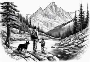 father son hiking with their dog and cat in the mountains, nature, waterfall, rive tattoo idea