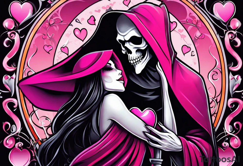 new school tattoo of a male grim reaper with black cloak kissing a female grim reaper in a bright pink cloak with small hearts in pink and red surrounding them tattoo idea