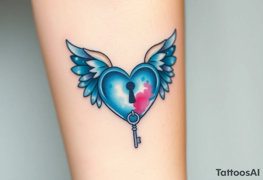 A heart-shaped lock with lockhole with angel wings in pastel blue and pink, with a silver key floating nearby tattoo idea