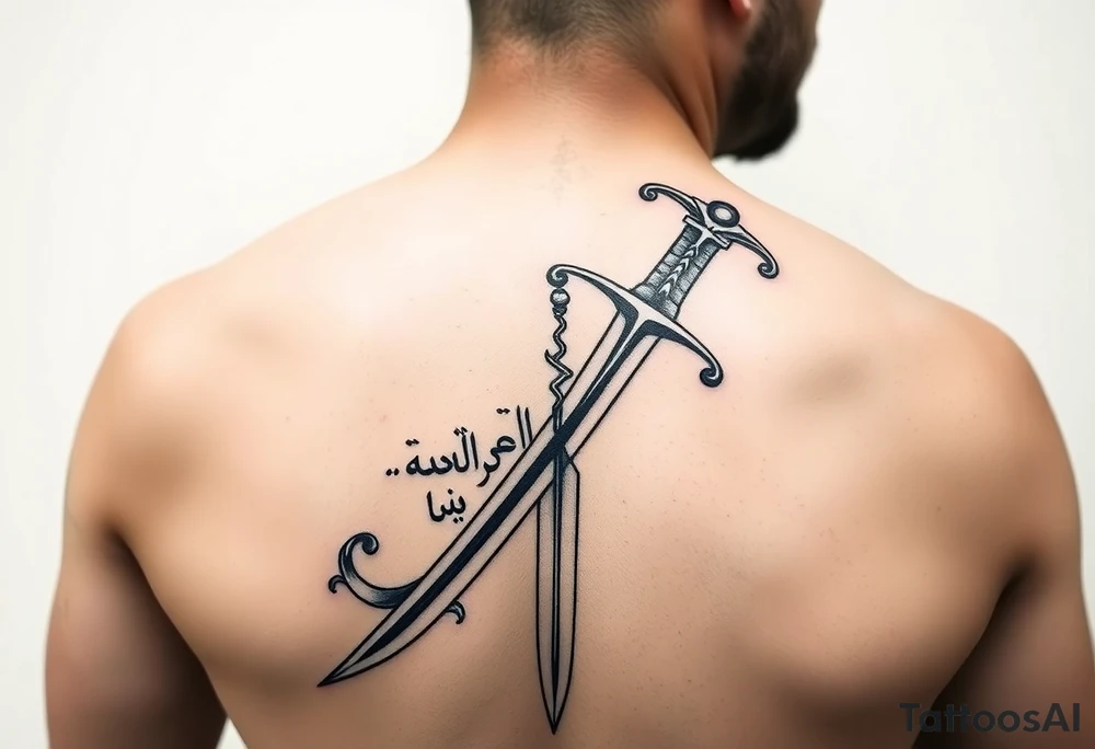 Arabian gothic style tattoo with a sword and looks middle eastern with Arabic writing  with sword going all the way down the back maybe a french style sword with a lovely french handle tattoo idea