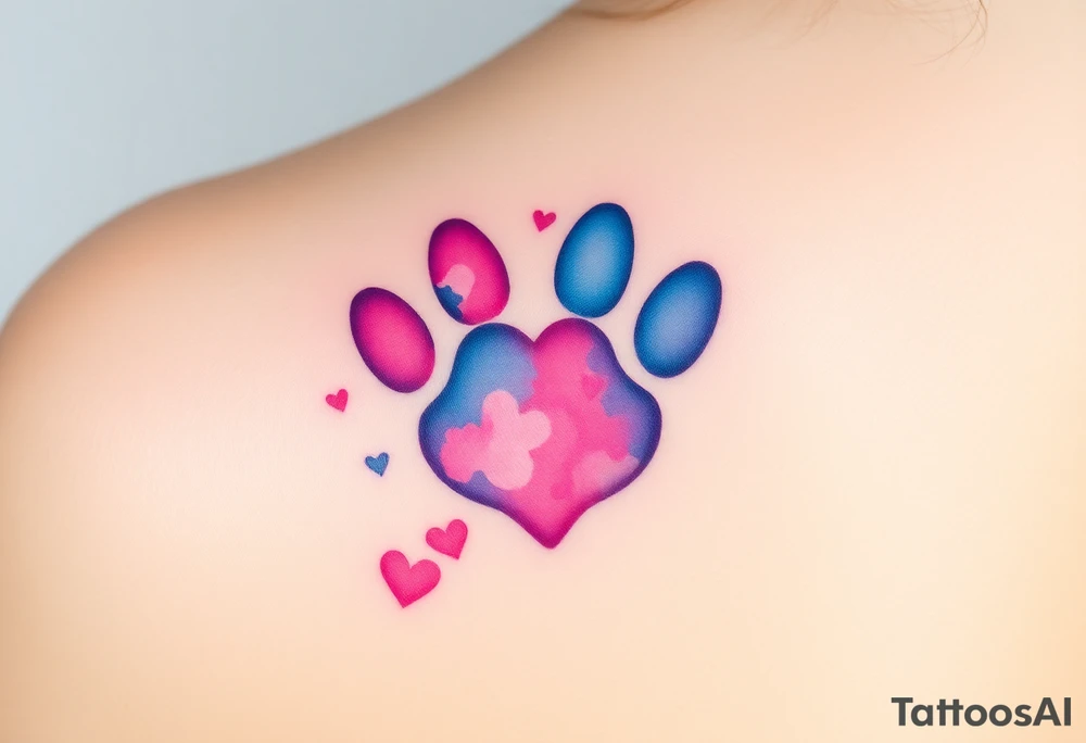 A watercolor-style paw print blending vibrant hues of pink, blue, and purple, creating the shape of a heart tattoo idea