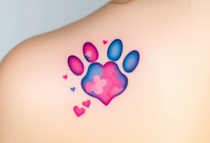 A watercolor-style paw print blending vibrant hues of pink, blue, and purple, creating the shape of a heart tattoo idea