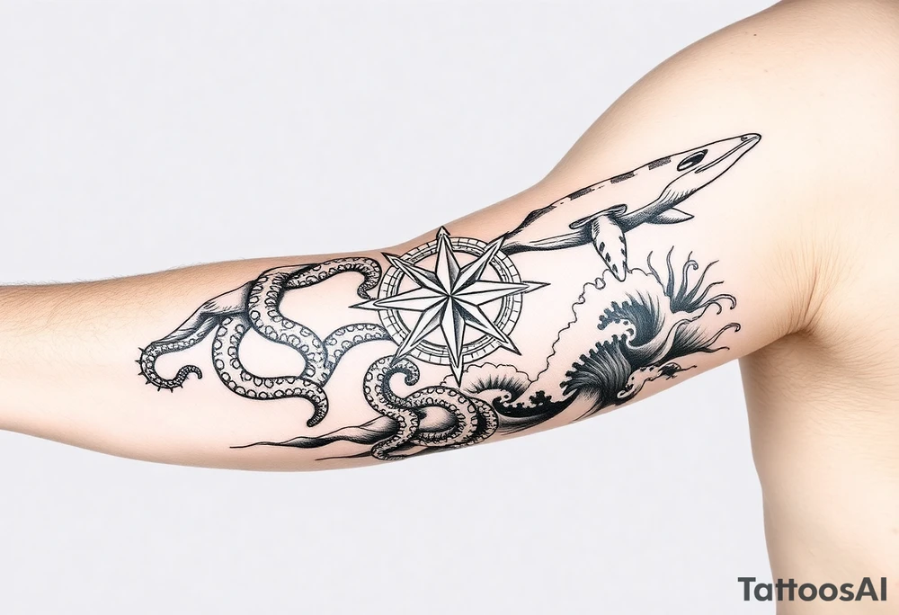 black and grey realist tattoo arm sleeve consisting of Compass Rose Placement: Centered on the inner forearm as a focal point.
Loggerhead Turtles: Swimming along the forearm, possibly near the wrist or upper arm.
Octopus: Wrapping its tentacles around the design, creating movement.
Whales: A large whale gliding through the upper forearm or bicep area.
Waves: Flowing throughout, acting as the background to tie everything together. tattoo idea